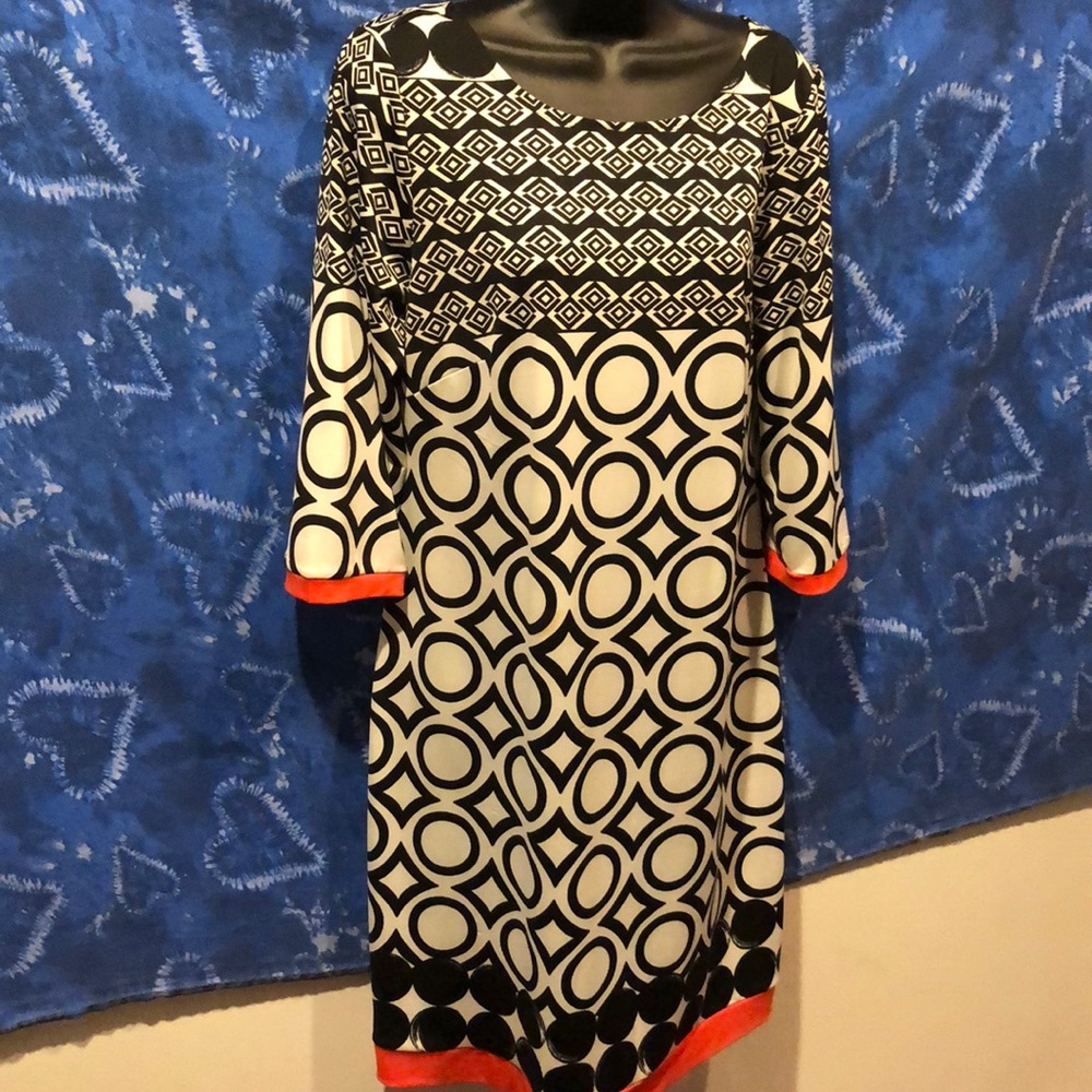 AB studio dress black and white with coral trim